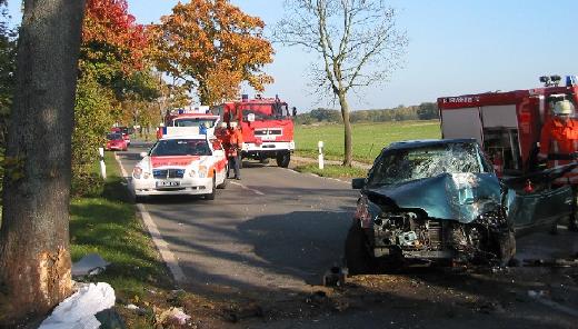 NEF Gbw. und Feuerwehr an der Unfallstelle K 101